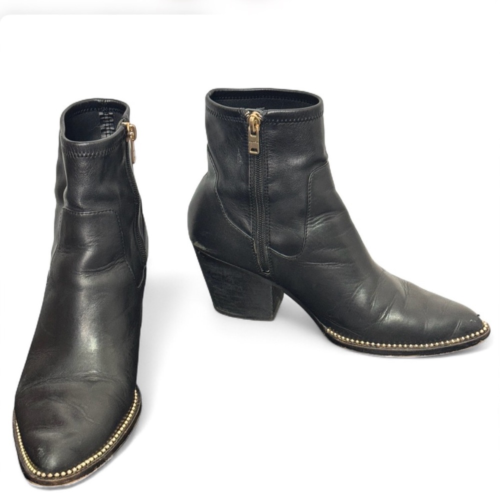 Coach Black Leather Ankle Booties Pointed Toe Block Heel Stud Sz 8.5 Mob Wife